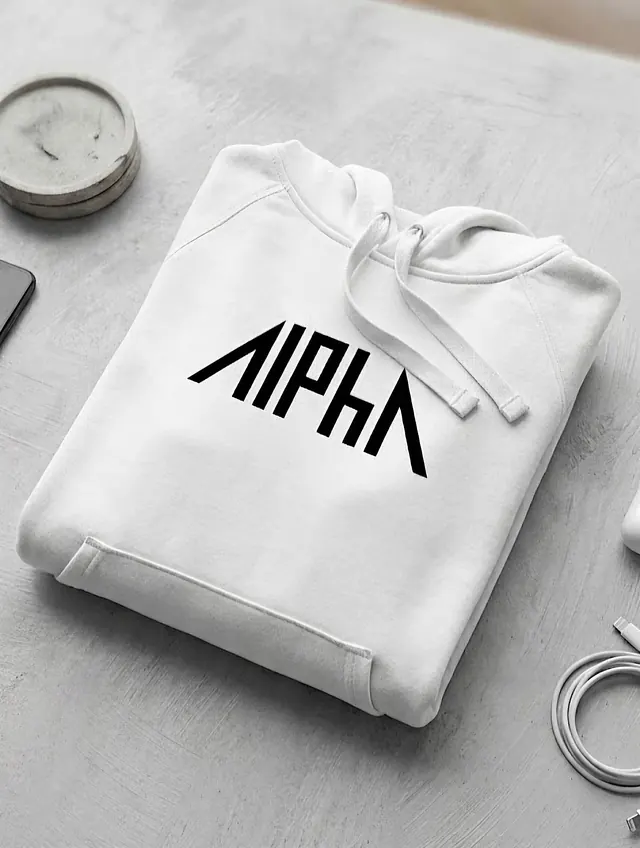 Sweat à capuche ALPHA Edition Stonan Wear blanc plié, lettrage ALPHA noir