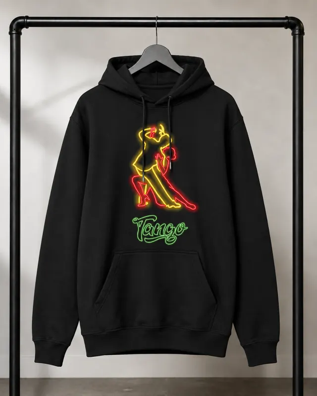 Sweat à capuche TANGO Edition Stonan Wear sur cintre : danseurs de tango en néon rouge et or, lettrage Tango vert